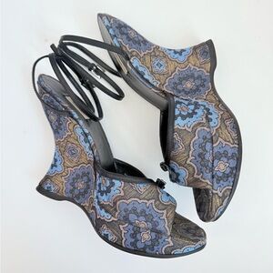 Prada Vintage Blue Brown tapestry floral leather trim sculptural wedge sandals